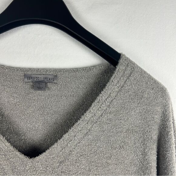 Barefoot dreams Vneck Tan cozychic lit knit sweater size L tall - Picture 2 of 6